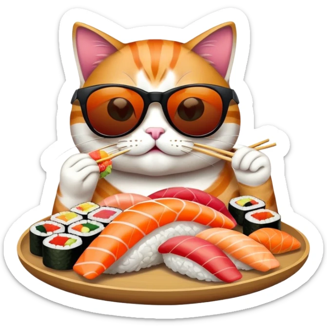 cool cat wearing sunglasses eating a big pile of colorful sushi pieces, stylish cat enjoying sushi sticker