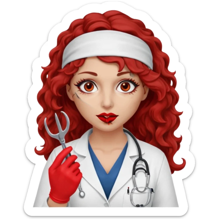 Scary woman scalpel in hand, evil surgeon sexy surgeon clothes.  She has red eyes. Her  brown long curly hair. Wears sexy doctor outfit with red gloves. Hides mouth necknose with red bandana to hide her identity sticker