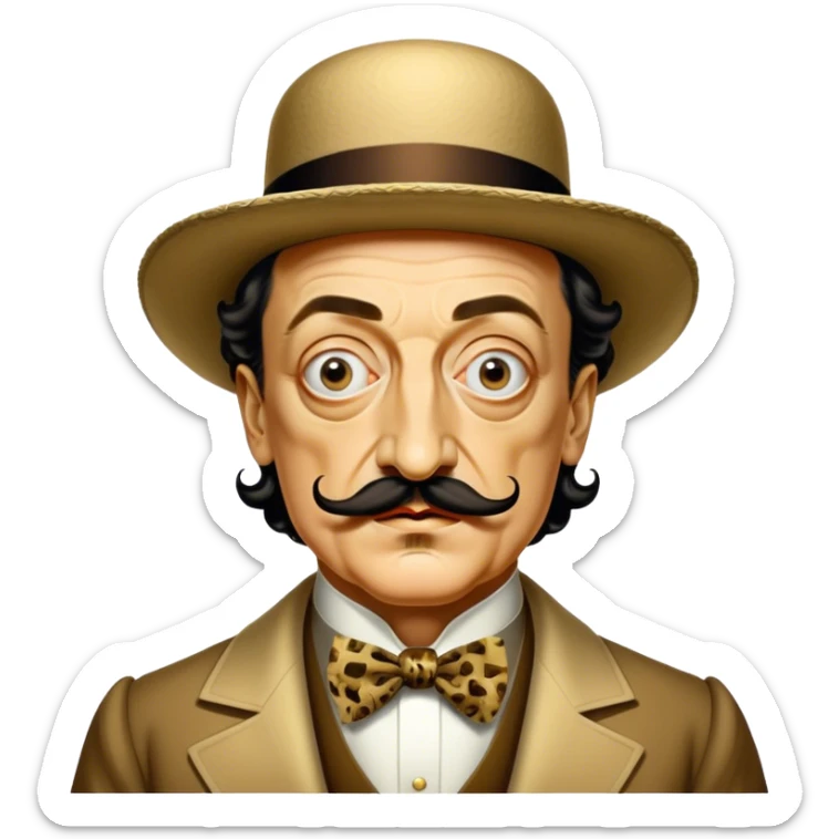 Cinematic Realistic portrait of Salvador Dalí, depicted as a surrealist artist with eccentric, expressive features and his iconic mustache, rendered with vibrant, imaginative lighting and richly detailed period attire that capture his avant-garde essence. sticker