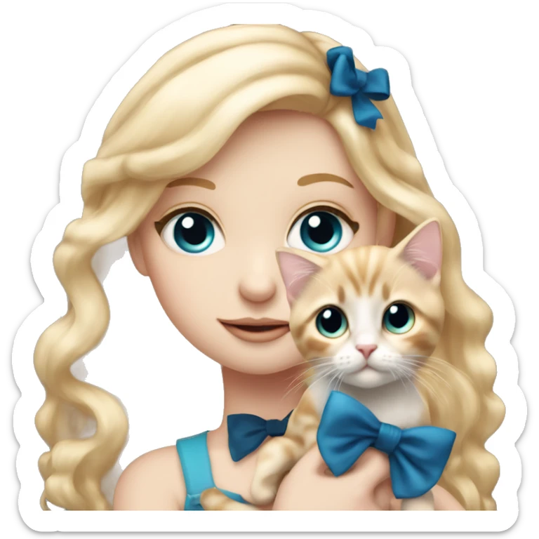 pale blonde girl with long rosy blonde hair with blue eyes and wearing a black bow holding a calico kitten sticker
