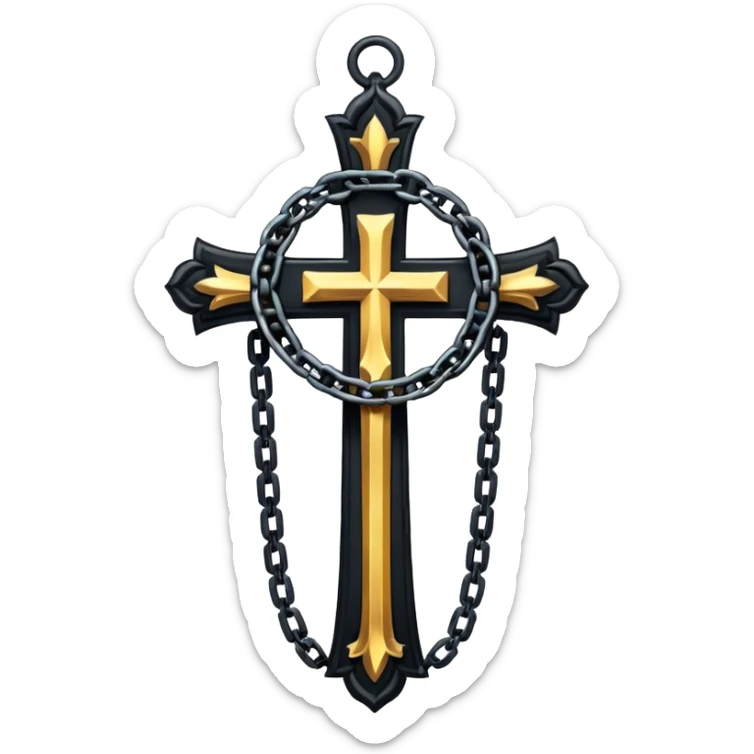 Ein christen kreuz in schwarz ohne Jesus schön verziert mit ketten auf weißem Hintergrund  sticker