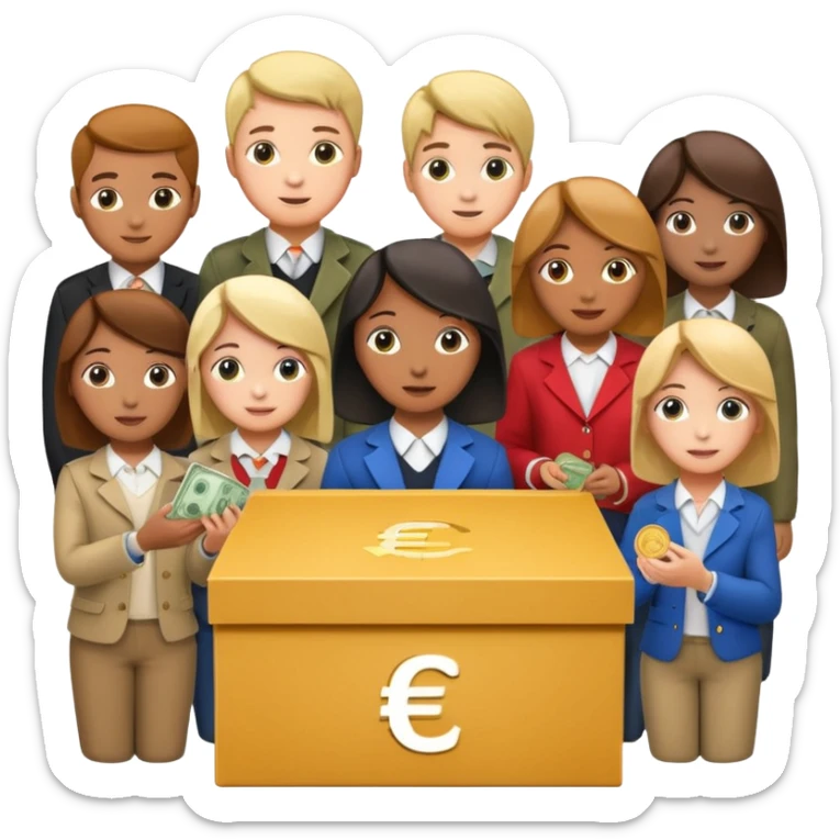 A box of money 💶  A euro icon €  a lot of Students putting coins into the box everyone wearing difrent clothe sticker
