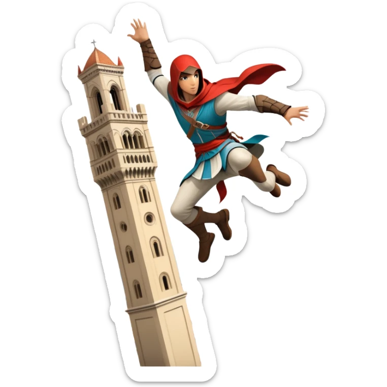 An icon featuring a hero performing a leap of faith from a tower in Florence, inspired by adventure games like Assassin's Creed. The design captures the dramatic moment mid-air, with detailed architecture and a bustling city below. Transparent background sticker