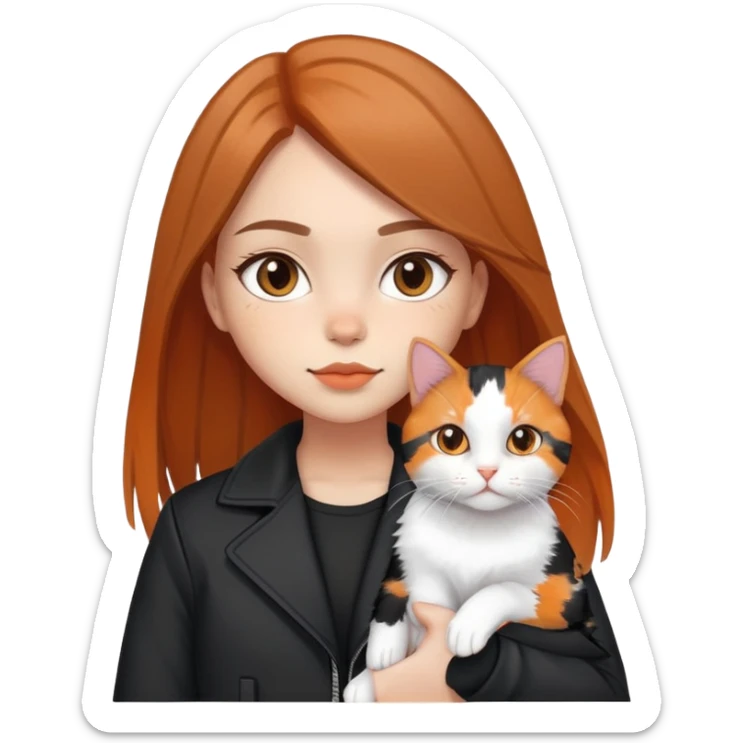 Light-skinned girl with brown straight hair wearing a black jacket, holding one pure white cat and one calico cat with orange black patches sticker