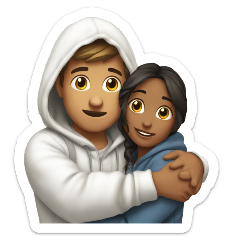An emoji of a man wearing a white hoodie, standing next to his sister. He is hugging her warmly, showing a close sibling bond sticker