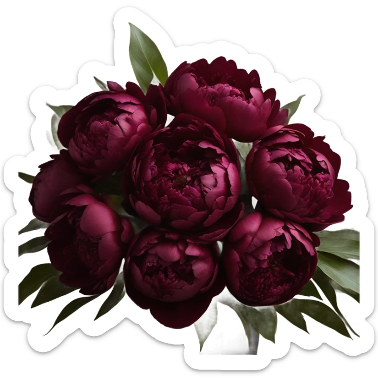 A vintage arrangement of dark red peonies with a deep burgundy bow
 sticker