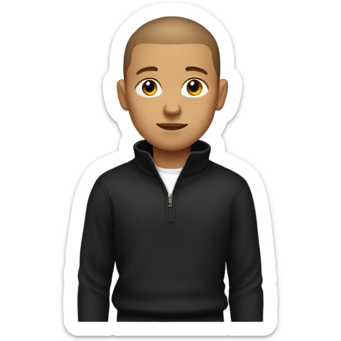 boy with very light brown skin, buzz cut, no facial hair, wearing a smart black quarter zip jumper with white t shirt underneath. sticker