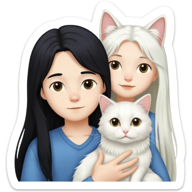 A boy and a girl with long black hair holding a white long-haired cat sticker