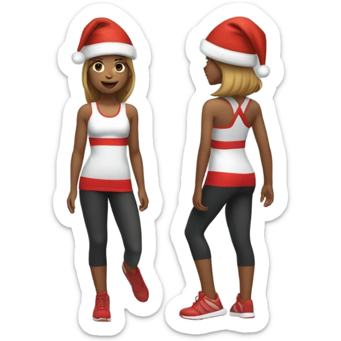 Emoji of full-body sporty girl в top and leggings wearing a red Christmas hat. sticker