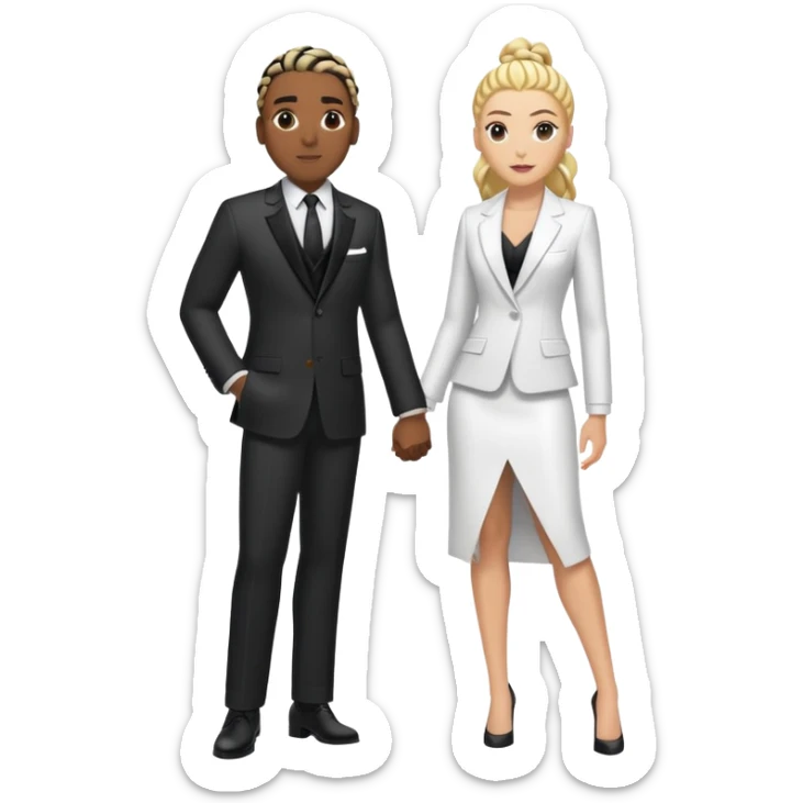 Black guy with cornrows in a suit with white girl with blonde hair and a fancy dress posing for a fashion show sticker