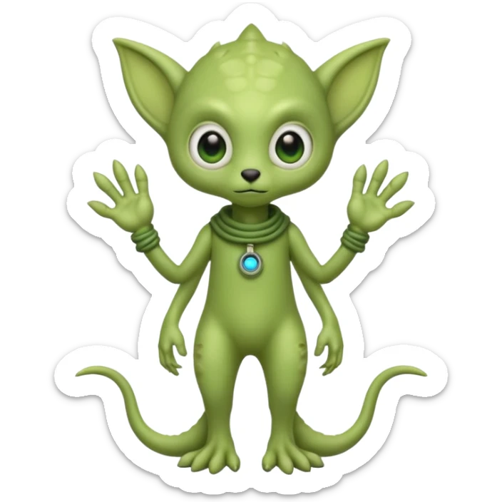 full body cute roughly humanoid peacefull alien furry with 2 legs and eye stalks stands upright and looks intelligent ...wears clothing. not green..looks happy and cudly... has 3 eyes...the alien has 3 eyes....it has an extra eye on a stalk sticker