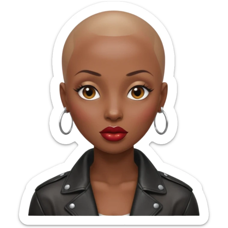 Gorgeous woman shiny , shaved her head black hair no eyebrows leather jacket Alluring black woman wide nose bald head big glossy lips sticker
