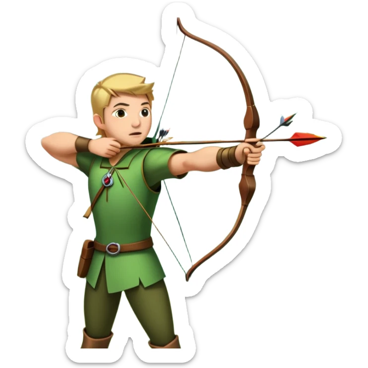 A skilled archer, resembling Robin Hood, drawing a bow and releasing an arrow towards a target. The scene captures the perfect moment of release, with the bowstring taut and the arrow flying toward the bullseye, set in a forest or archery range background. sticker