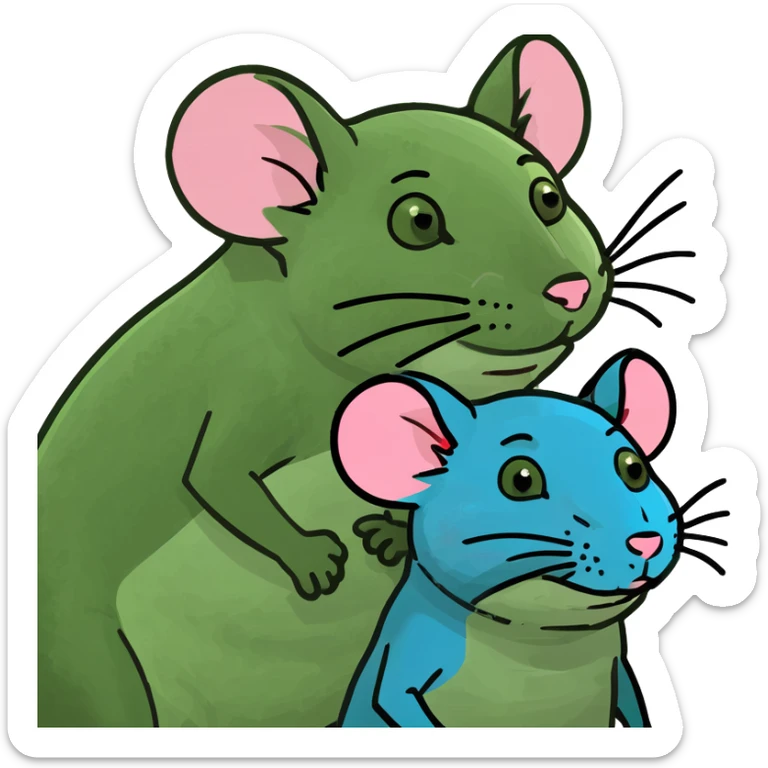 A male rat wearing blue and a female rat wearing pink. Both of them drinking milk from a bottle sticker