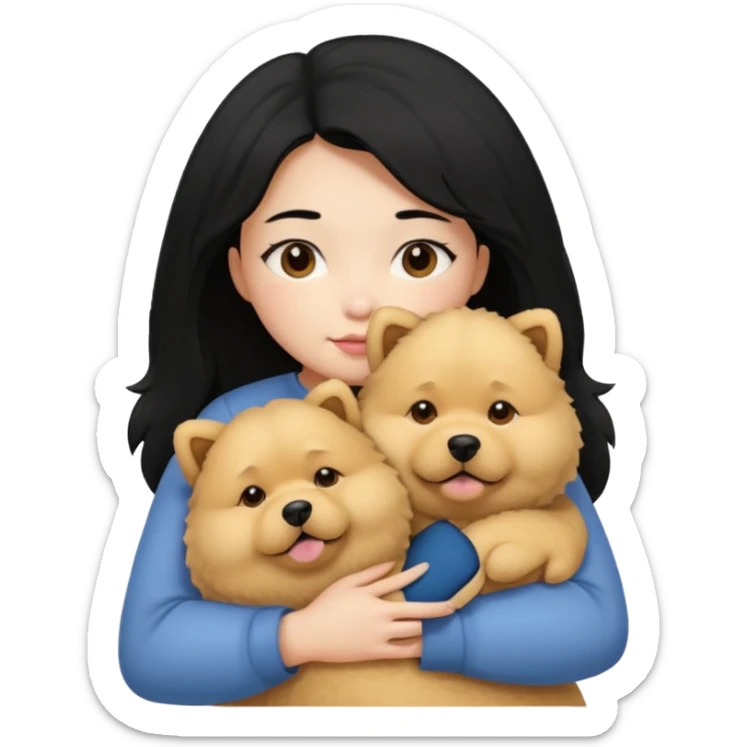 A girl with black hair hugging a beige fluffy chow chow dog sticker