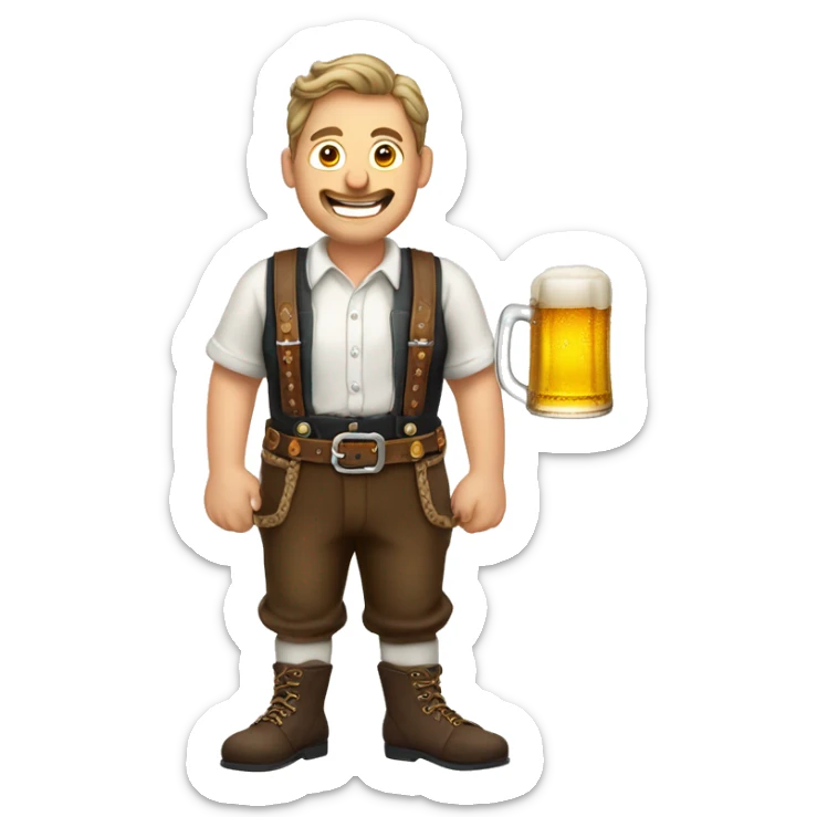 German man wearing Lederhosen, suspenders, haferl shoes holding a pint of beer sticker