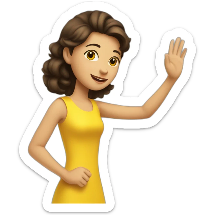 Brunette girl shake her hand for say hi! to someone. She is wearing a yellow dress sticker