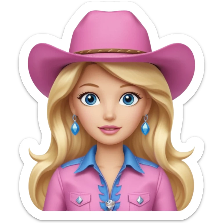Cowgirl barbie in a pink outfit with cowboy hat with long blonde hair and blue eyes sticker