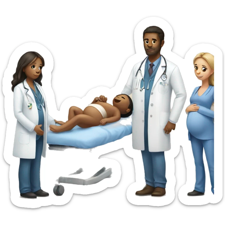 a pregnant woman gives birth and doctors stand nearby sticker