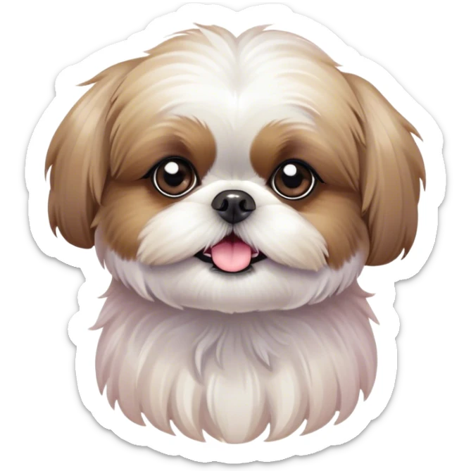 Cinematic Cute Shih Tzu Portrait Emoji, Head playfully tilted with large, sparkling eyes and a fluffy, endearing fur in gentle, pastel tones, simplified yet irresistibly charming, highly detailed, glowing with a warm, cuddly radiance, high shine, radiating affectionate and joyful energy, styled with a soft, playful outline, capturing the essence of a cute Shih Tzu that seems destined to charm everyone in its path! sticker