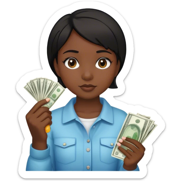 a young girl with dark skin and short black hair holding money and a glue stick in her hands sticker