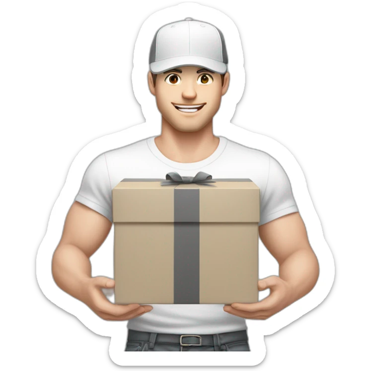 Pale skinned fit Man with dark brown hair in a white cap, gray jeans and dark gray polo T-shirt keeping a pasted with tape white box into his hands sticker