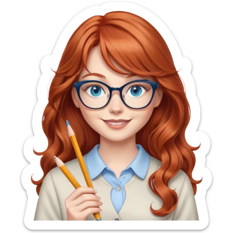 redheaded woman with very long wavy hair and bangs, blue eyes, clear cat-eye glasses, casual chic outfit, holding a pencil, smiling sticker