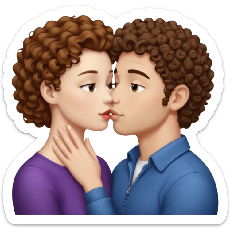 A couple kissing, the man would be white-skinned, mid fade-curly, brown-hair. The serious woman with white skin, brown color sticker