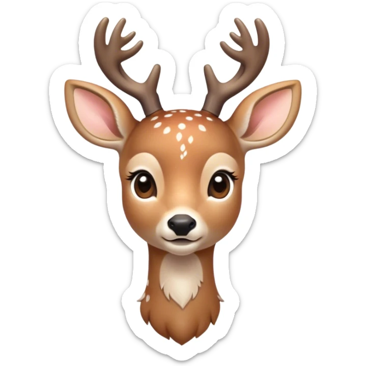 Cinematic Cute Deer Portrait Emoji, Head tilted playfully and inquisitively, showcasing a delicate coat speckled with subtle white spots and gentle earth tones, round, sparkling eyes filled with curious wonder, Simplified yet irresistibly adorable features, highly detailed, glowing with a warm, friendly glow, high shine, affectionate and graceful, stylized with a touch of woodland whimsy, bright and endearing, soft glowing outline, capturing the essence of a mischievous yet loving fawn, so playful it feels like it could skip out of the screen into your arms! sticker