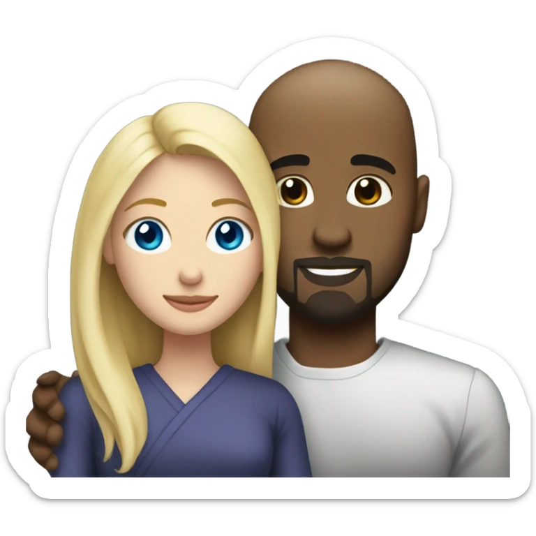 Blonde woman with blue eyes and long straight hair and black man who is bald with a goatee with their arms wrapped around each other very lovingly.   sticker