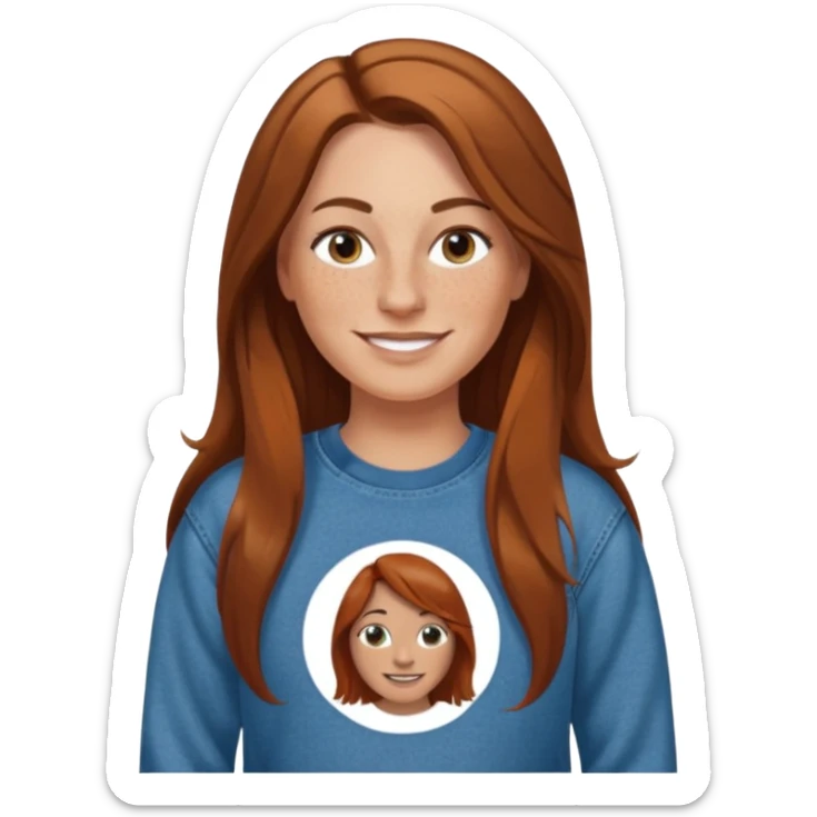 A 38 year old white woman with long brown hair parted in the middle. She has a nose ring. She has freckles and is wearing a sweatshirt and jeans smiling sticker