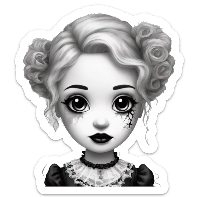 porcelain doll with a cracked face, goth makeup, long hair, lace and ruffles, lolita style, inked, black and white sticker