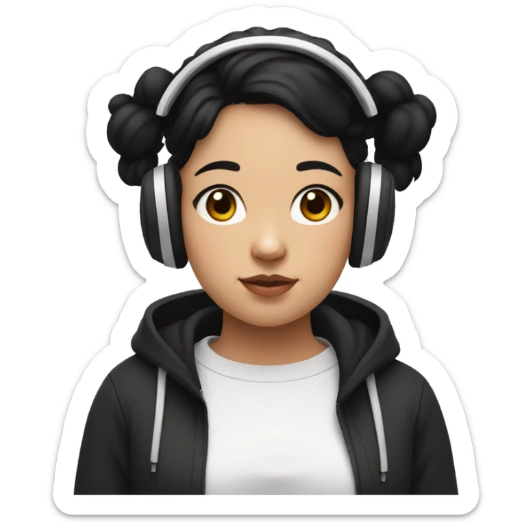 Girl with black hair up to the waist, with a black sweatshirt, half chubby, with a mole under the mouth on the right side expressive eyes with white headphones sticker