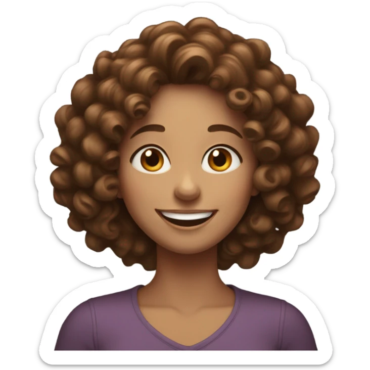 a happy woman with curly brown hair and white skin smiling sticker