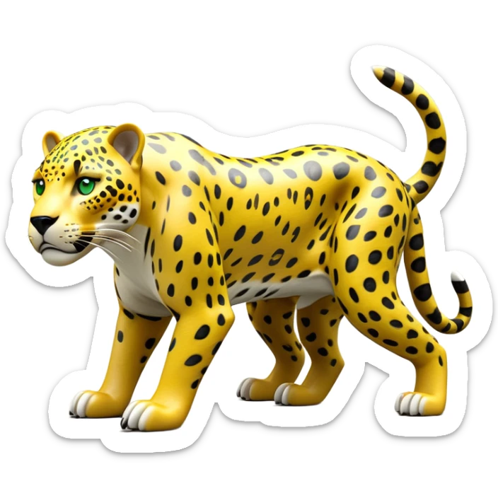 cinematic-jaguar-realistic-full-body-standing on all fours-emoji,-sleek-powerful-frame-poised-for-action,-yellow-fur-adorned-with-bold-black-rosettes,-head-tilted-dramatically,-piercing-green-eyes-locked-onto-its-prey,-simplified-yet-realistic-focused-features,-highly-detailed,-glowing-with-an-almost-sarcastic-glow sticker