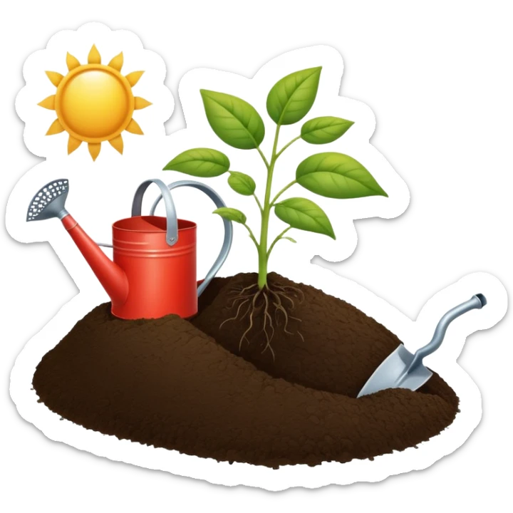 An icon featuring a plant growing from the soil, a watering can, and agricultural tools, symbolizing agronomy. The design includes a farm field, crops, and a sun, representing the study of plants, soil, and agricultural systems. Transparent background highlights sustainable farming and growth. sticker