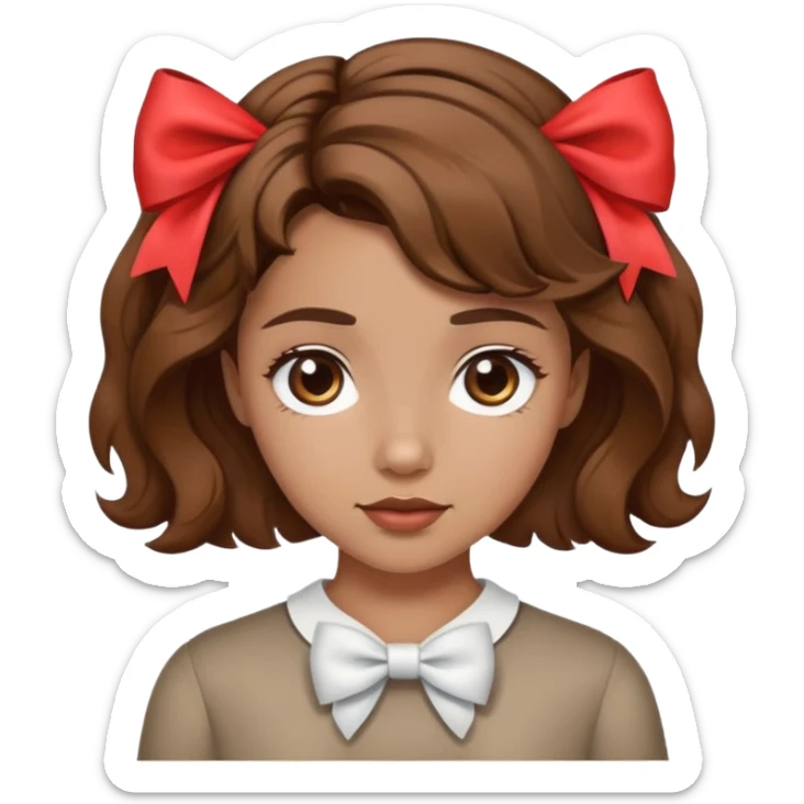 Girl with wavy brown short hair with a bow in her hace and medium skin  sticker