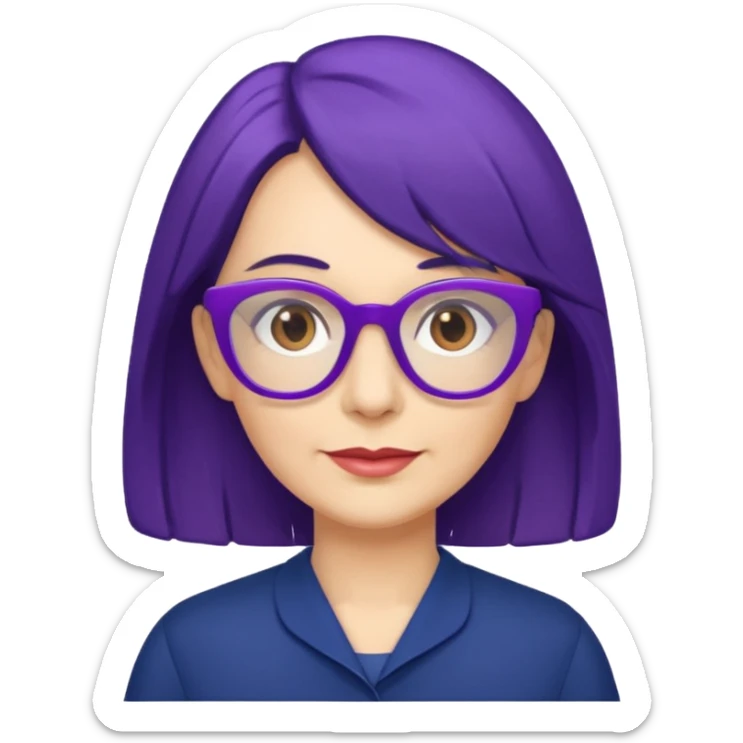 50-year-old woman with purple glasses, brown eyes, and navy blue shoulder-length hair sticker