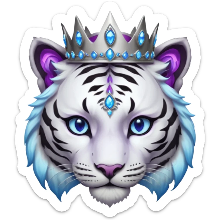 ESO Female white/black tiger khajiit leader of the umbral rose, glowing blue eyes, glowing blue 'third eye' gem; silver crown/tiara with purple gems  sticker