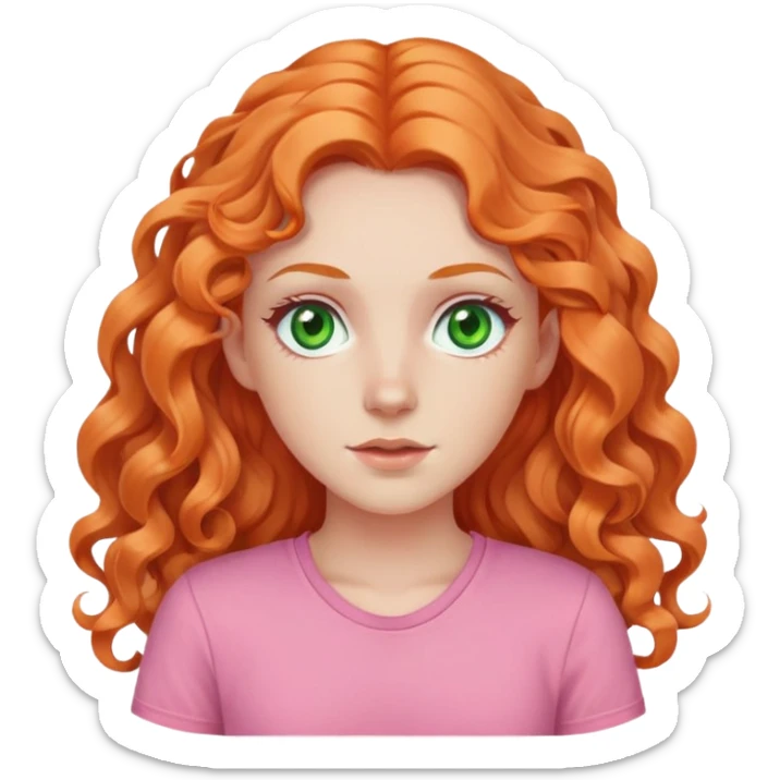 white pale girl with long curly orange hair, green eyes, pink shirt sticker
