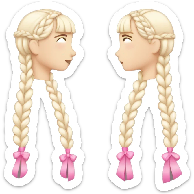 A white girl wearing white T-shirt with two braids and bangs with pink ribbon bow on each braid sticker
