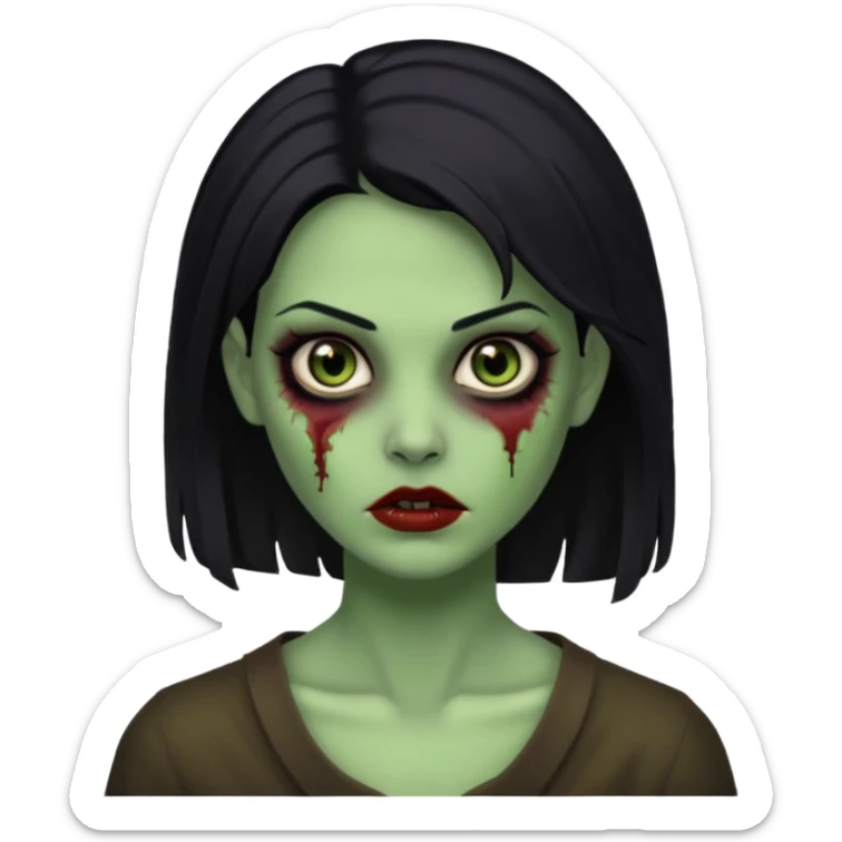 Faça uma zombie mulher bonita verde com olhos castanhos cabelos pretos partido ao meio liso, com estilo  sticker