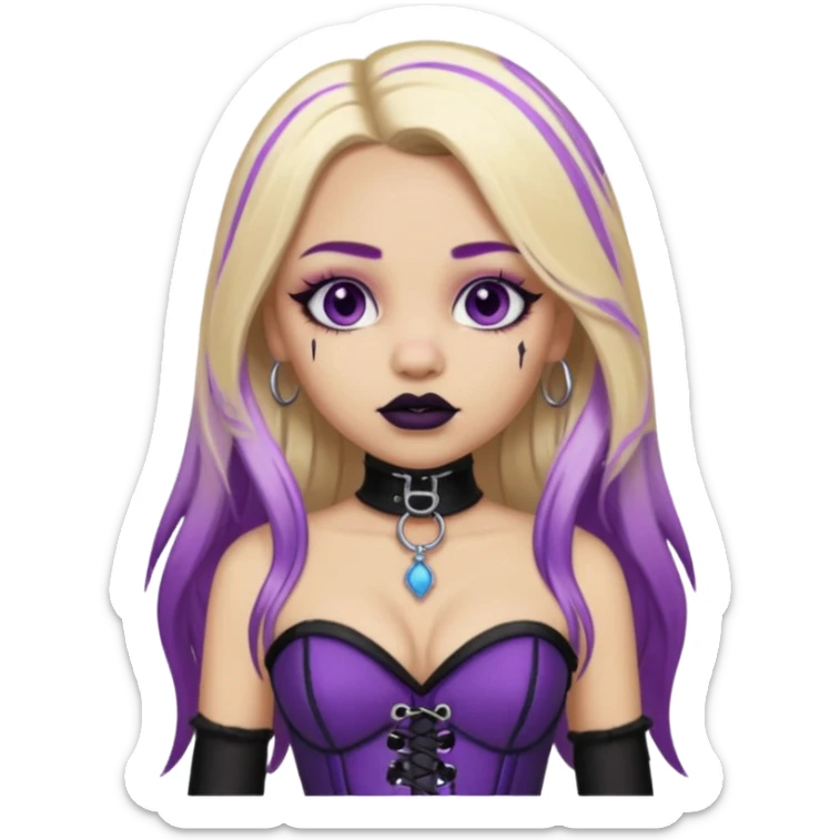 Ai light skin girl , who has straight long length blonde hair with heavy purple streaks , hazel eyes , and doll like makeup , with a septum piercing, in a black corset emoji sticker