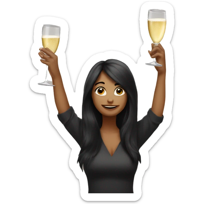 Funny woman with black long hair drinks champagne and otherhand raised up high sticker