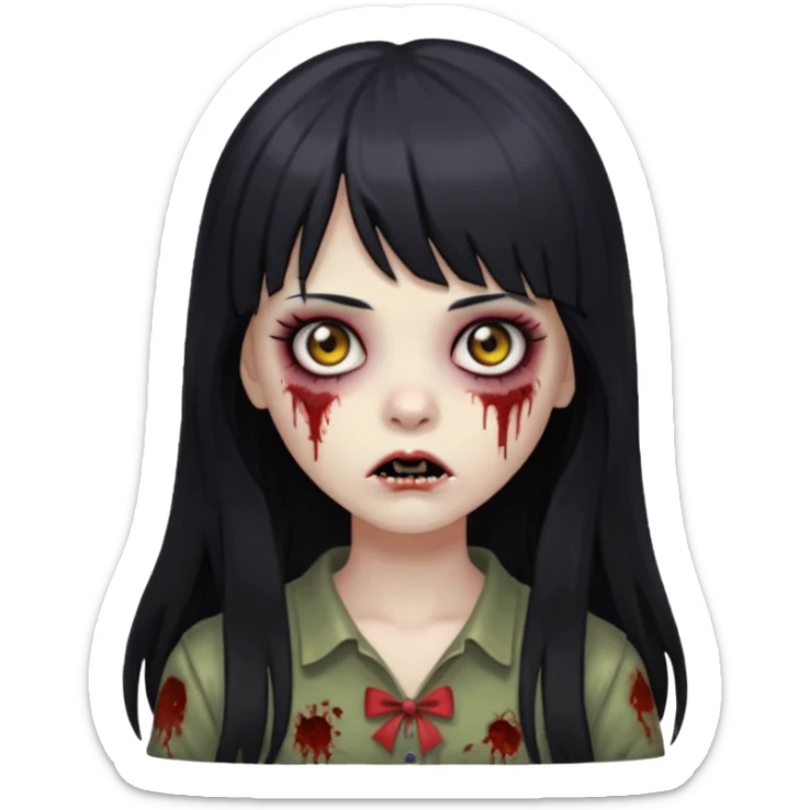 faça o emoji de uma menina zumbi de cabelos longos pretos com franja sticker