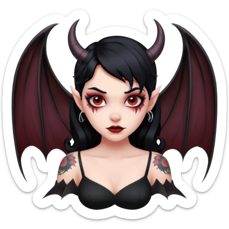 Demon girl, entire skin solid red, black hair, horns, bat wing, black dress, tattoo-flash comic. sticker