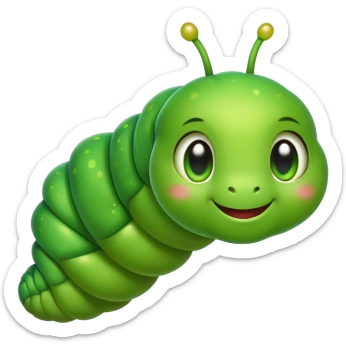 Cinematic Realistic Cute Caterpillar Portrait Emoji, Head tilted playfully and inquisitively, featuring a compact, segmented body in bright, vibrant green with delicate, inviting textures and a charming, rounded face with sparkling eyes full of curiosity, rendered with lifelike detail and natural highlights, high shine, affectionate and spirited, styled with a touch of garden whimsy, soft glowing outline, capturing the essence of a mischievous yet lovable caterpillar that seems poised to crawl cheerfully into your arms! sticker