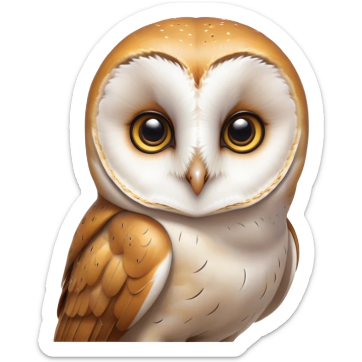 Cinematic Cute Barn Owl Portrait Emoji, Head tilted playfully and inquisitively, featuring a softly mottled Fur of white and brown with delicate feather patterns, round, sparkling amber eyes filled with curious wonder, Simplified yet irresistibly adorable features, highly detailed, glowing with a warm, friendly glow, high shine, affectionate and gentle, stylized with a touch of barnyard whimsy, bright and endearing, soft glowing outline, capturing the essence of a mischievous yet loving owl, so playful it feels like it could swoop out of the screen and into your arms! sticker