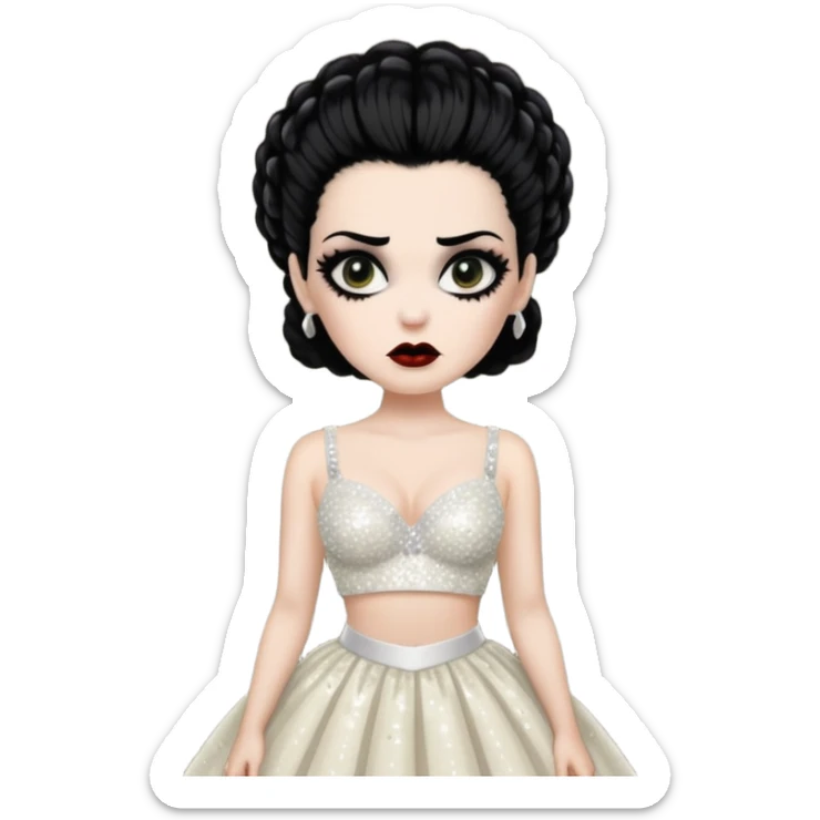 Bride of Frankenstein with black hair, ivory sequin bra, ivory sequin long skirt  sticker