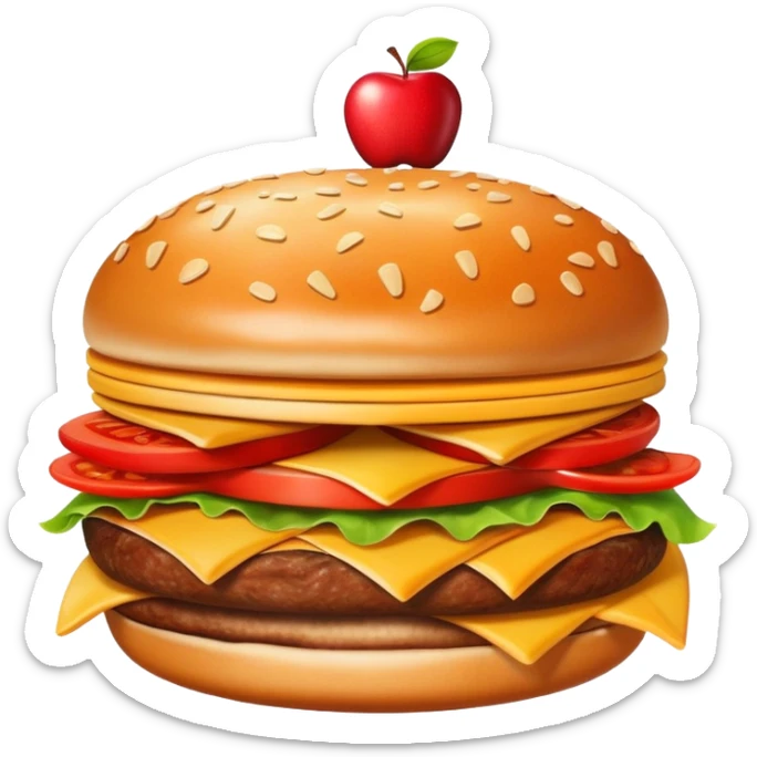 A fun fusion food emoji where a burger, pizza slice, french fries, and an apple are combined into one wacky fast food item sticker